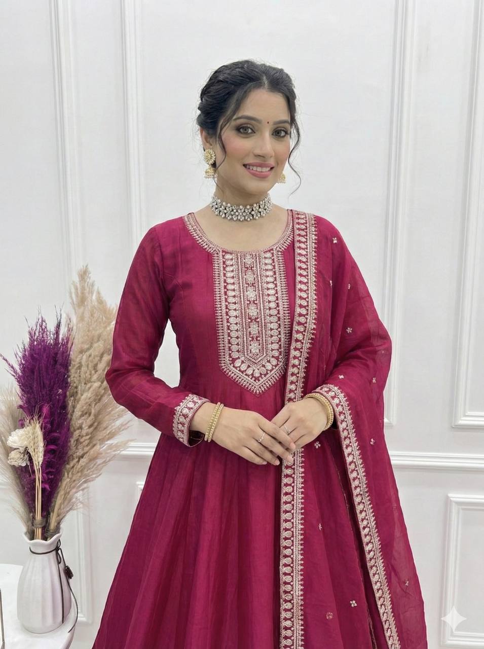 PREMIUM QUALITY PURE VICHITRA SILK FABRIC FULLY FLARE GOWN, WITH DUPATTA SET