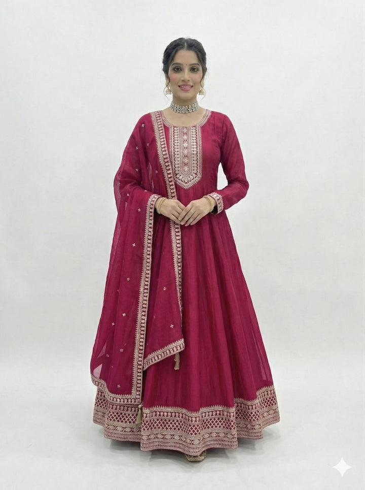 PREMIUM QUALITY PURE VICHITRA SILK FABRIC FULLY FLARE GOWN, WITH DUPATTA SET
