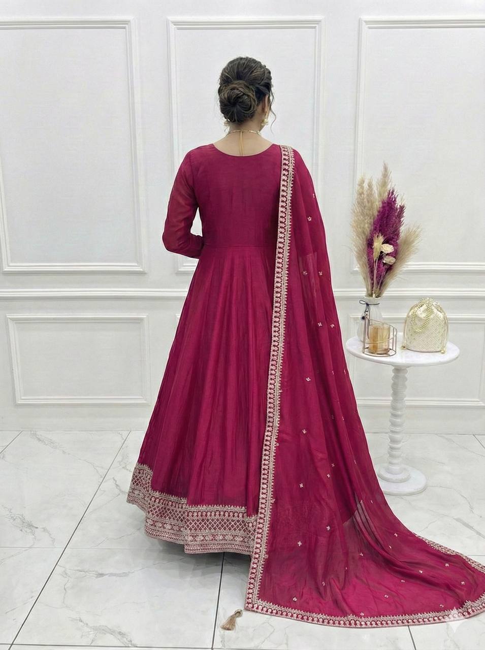 PREMIUM QUALITY PURE VICHITRA SILK FABRIC FULLY FLARE GOWN, WITH DUPATTA SET