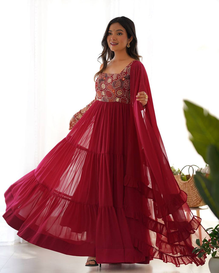 PURE SOFT FOX GEORGETTE  FABRIC FULLY FLARE ANARKALI, WITH DUPATTA SET, PENT READY TO WEAR