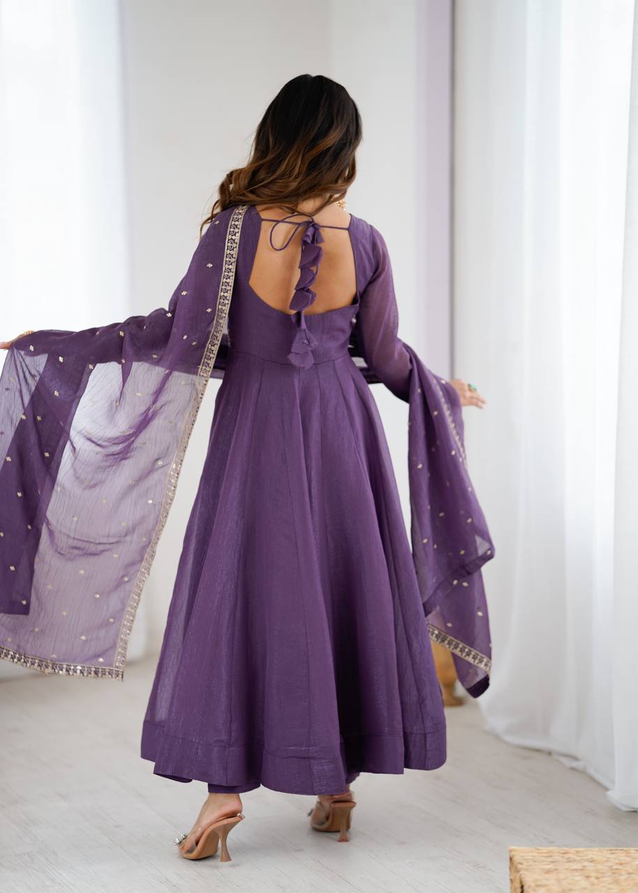 HIGH PREMIUM QUALITY PURE CRUNCHY SILK FABRIC FULLY FLARE ANARKALI GOWN, PENT WITH DUPATTA SET READY TO WEAR