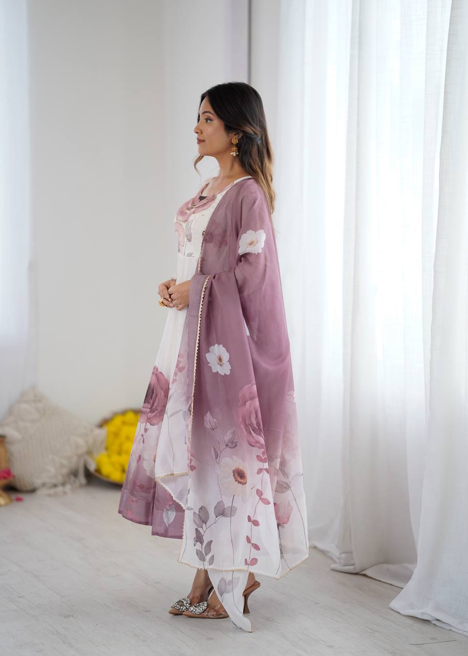 REAL MODELING PURE SOFT ORGANJA SILK FABRIC FULLY FLAIR KALI PATTERN AND CANVAS PATTA WITH DUPATTA SET, PENT READY TO WEAR