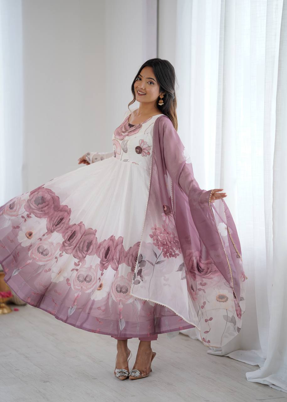 REAL MODELING PURE SOFT ORGANJA SILK FABRIC FULLY FLAIR KALI PATTERN AND CANVAS PATTA WITH DUPATTA SET, PENT READY TO WEAR