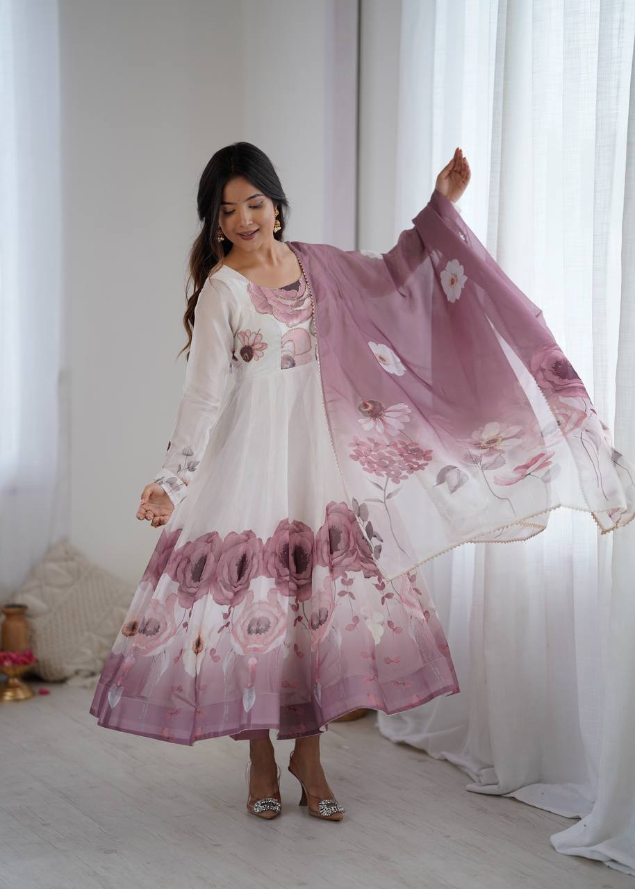 REAL MODELING PURE SOFT ORGANJA SILK FABRIC FULLY FLAIR KALI PATTERN AND CANVAS PATTA WITH DUPATTA SET, PENT READY TO WEAR