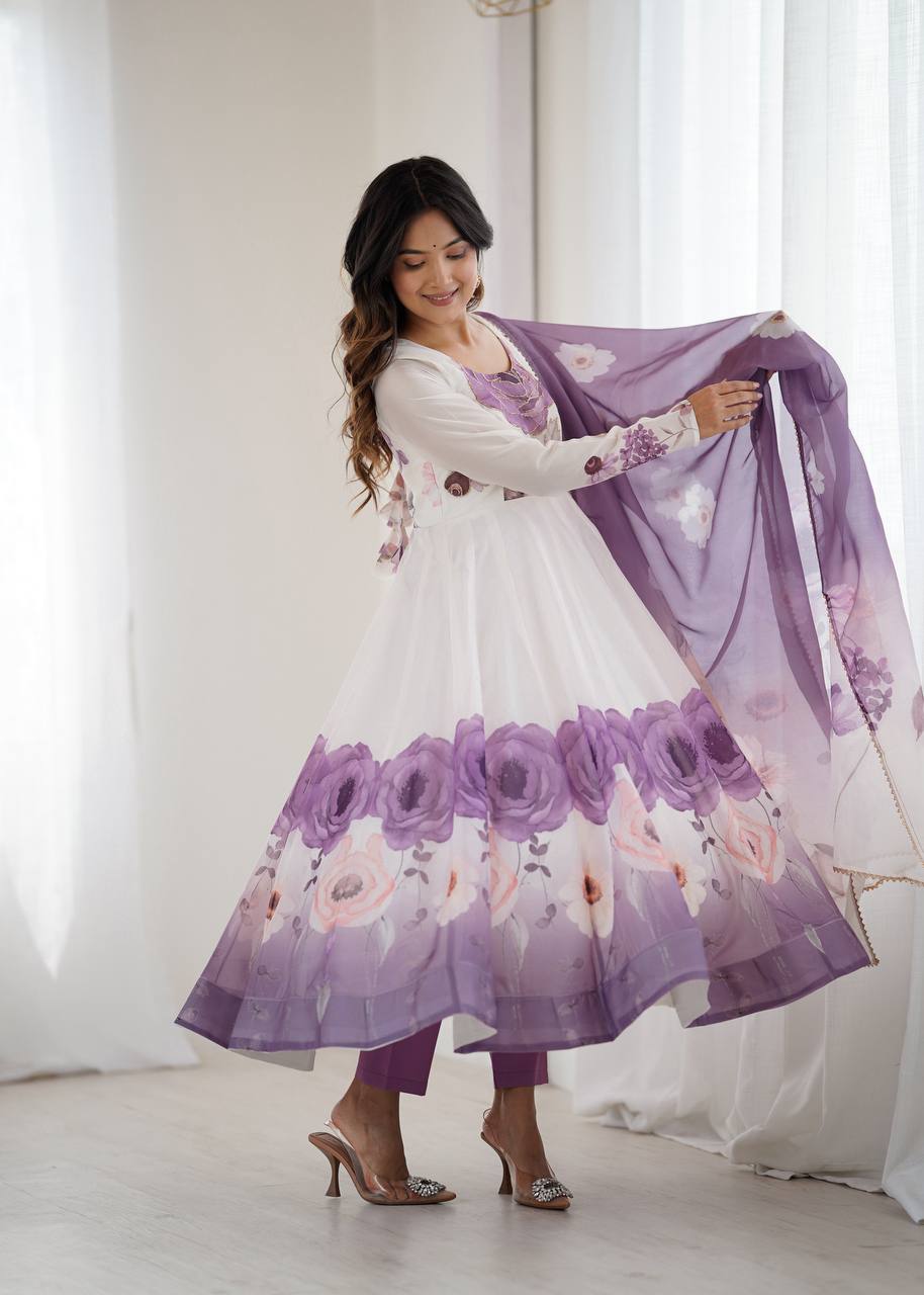 REAL MODELING PURE SOFT ORGANJA SILK FABRIC FULLY FLAIR KALI PATTERN AND CANVAS PATTA WITH DUPATTA SET, PENT READY TO WEAR