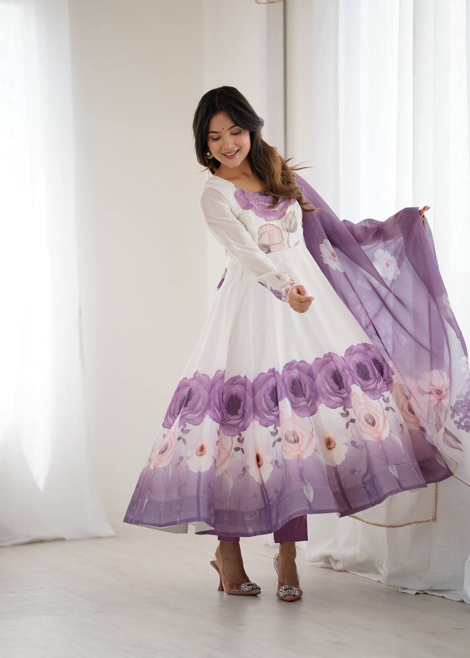 REAL MODELING PURE SOFT ORGANJA SILK FABRIC FULLY FLAIR KALI PATTERN AND CANVAS PATTA WITH DUPATTA SET, PENT READY TO WEAR