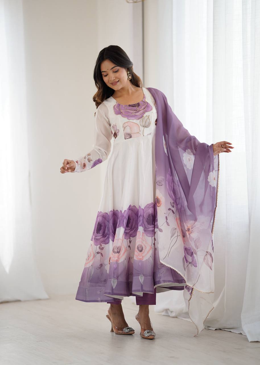 REAL MODELING PURE SOFT ORGANJA SILK FABRIC FULLY FLAIR KALI PATTERN AND CANVAS PATTA WITH DUPATTA SET, PENT READY TO WEAR