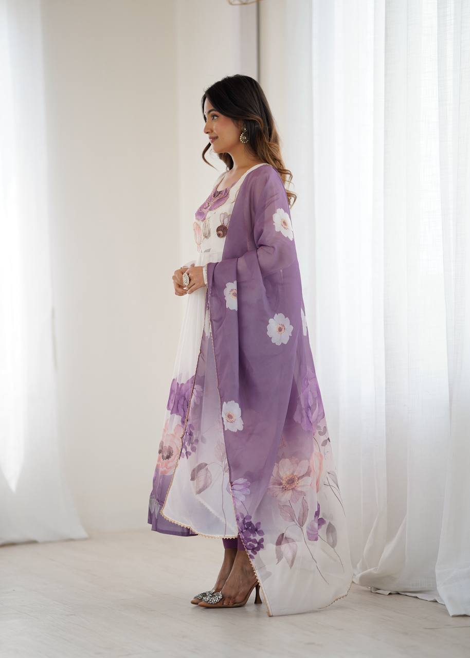 REAL MODELING PURE SOFT ORGANJA SILK FABRIC FULLY FLAIR KALI PATTERN AND CANVAS PATTA WITH DUPATTA SET, PENT READY TO WEAR