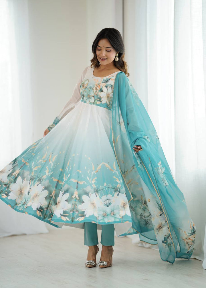 REAL MODELING PURE SOFT ORGANJA SILK FABRIC FULLY FLAIR KALI PATTERN AND CANVAS PATTA WITH DUPATTA SET, PENT READY TO WEAR