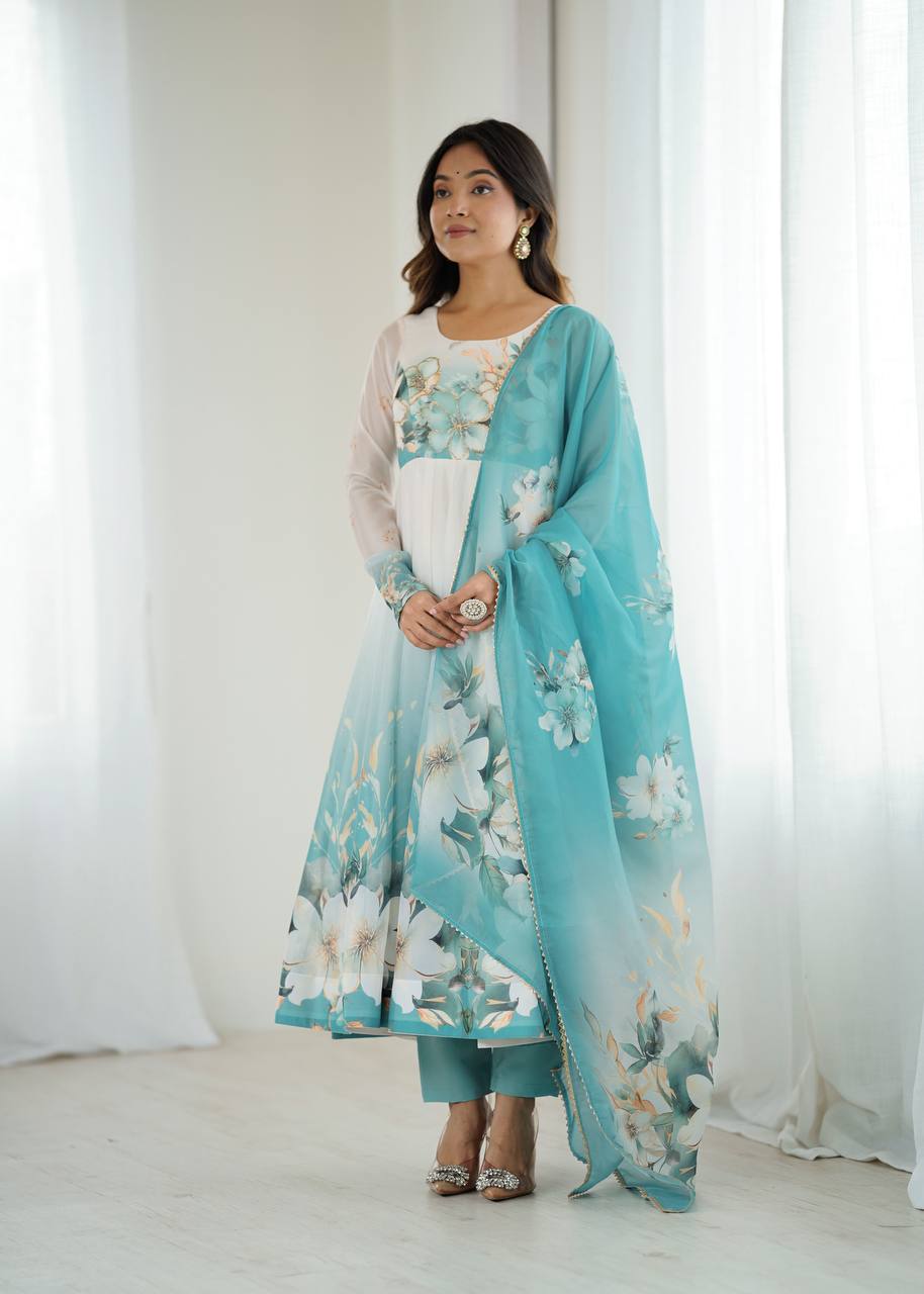 REAL MODELING PURE SOFT ORGANJA SILK FABRIC FULLY FLAIR KALI PATTERN AND CANVAS PATTA WITH DUPATTA SET, PENT READY TO WEAR