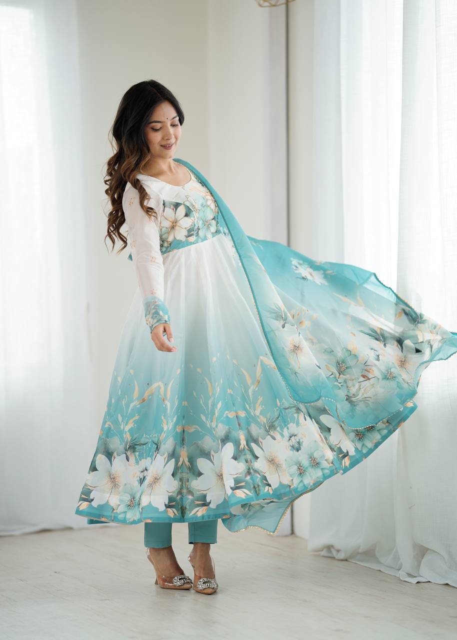 REAL MODELING PURE SOFT ORGANJA SILK FABRIC FULLY FLAIR KALI PATTERN AND CANVAS PATTA WITH DUPATTA SET, PENT READY TO WEAR