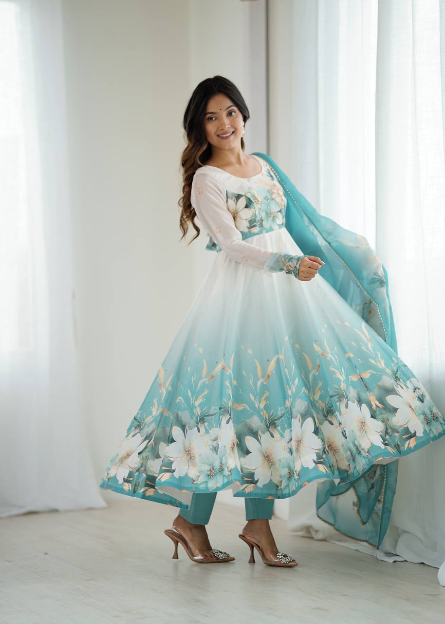 REAL MODELING PURE SOFT ORGANJA SILK FABRIC FULLY FLAIR KALI PATTERN AND CANVAS PATTA WITH DUPATTA SET, PENT READY TO WEAR