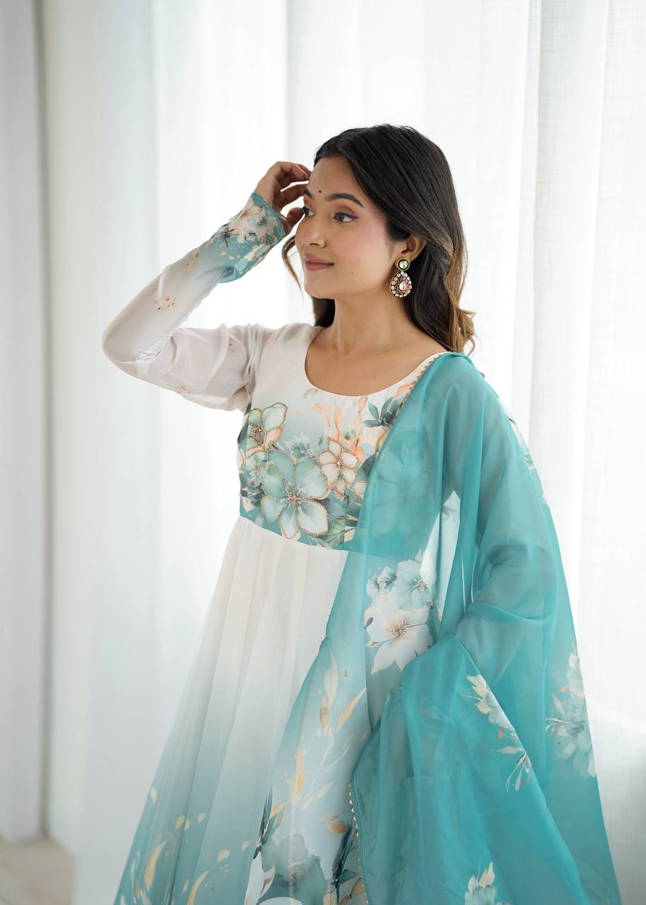 REAL MODELING PURE SOFT ORGANJA SILK FABRIC FULLY FLAIR KALI PATTERN AND CANVAS PATTA WITH DUPATTA SET, PENT READY TO WEAR
