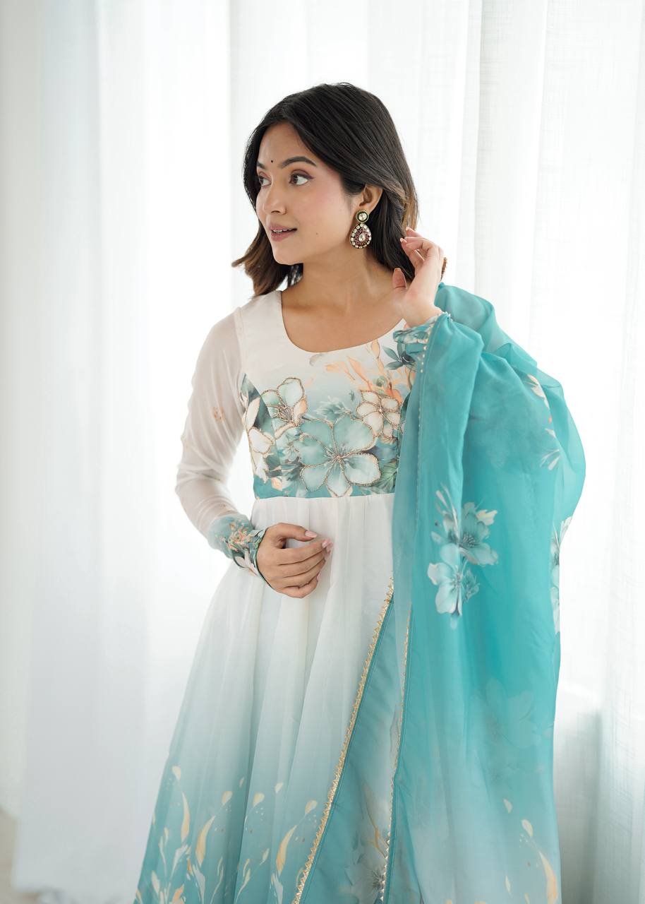 REAL MODELING PURE SOFT ORGANJA SILK FABRIC FULLY FLAIR KALI PATTERN AND CANVAS PATTA WITH DUPATTA SET, PENT READY TO WEAR