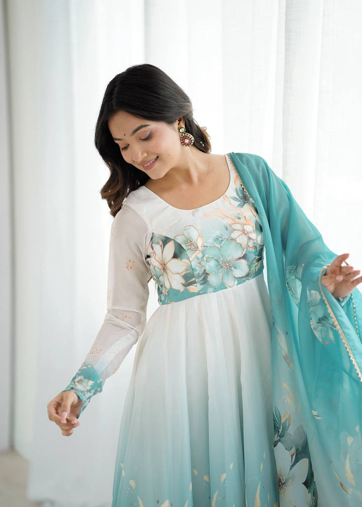 REAL MODELING PURE SOFT ORGANJA SILK FABRIC FULLY FLAIR KALI PATTERN AND CANVAS PATTA WITH DUPATTA SET, PENT READY TO WEAR