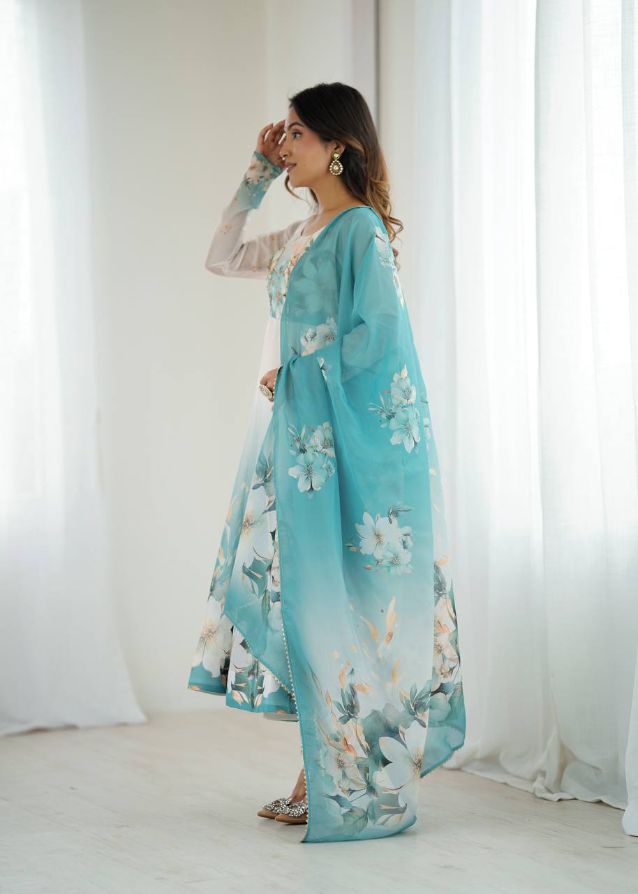 REAL MODELING PURE SOFT ORGANJA SILK FABRIC FULLY FLAIR KALI PATTERN AND CANVAS PATTA WITH DUPATTA SET, PENT READY TO WEAR