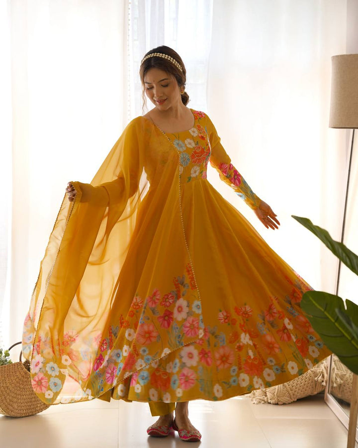REAL MODELING PURE SOFT ORGANJA SILK FABRIC FULLY FLAIR KALI PATTERN AND CANVAS PATTA WITH DUPATTA SET, PENT READY TO WEAR