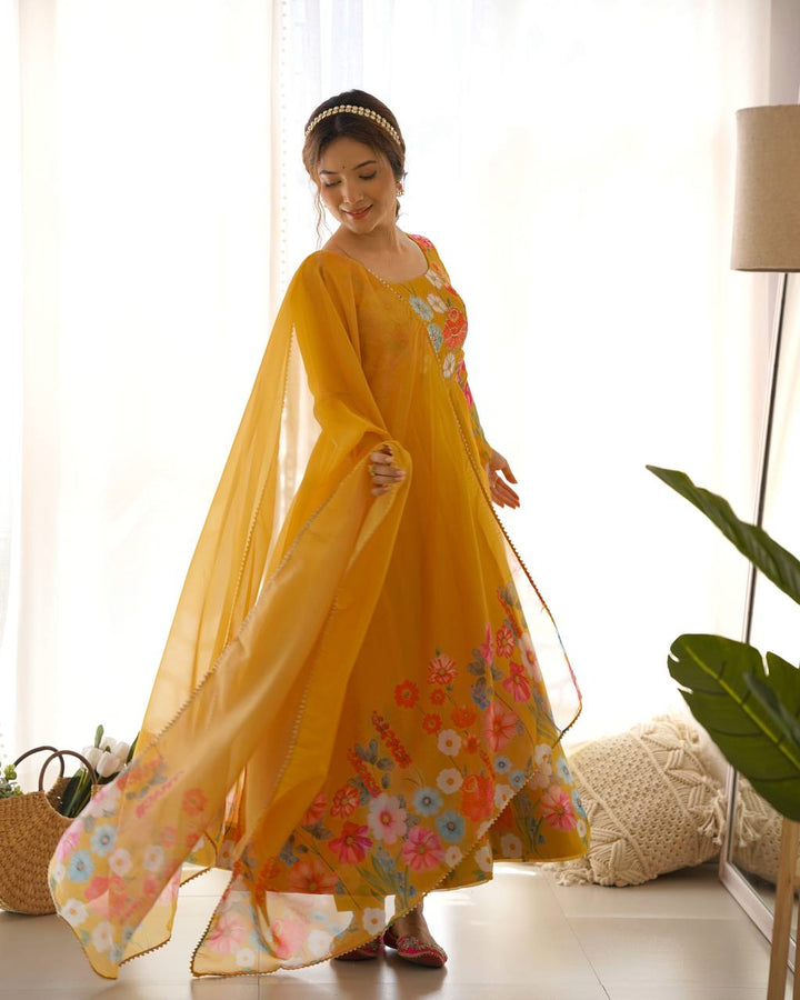 REAL MODELING PURE SOFT ORGANJA SILK FABRIC FULLY FLAIR KALI PATTERN AND CANVAS PATTA WITH DUPATTA SET, PENT READY TO WEAR