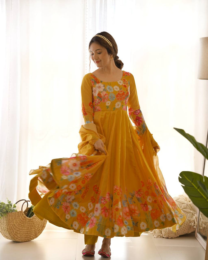 REAL MODELING PURE SOFT ORGANJA SILK FABRIC FULLY FLAIR KALI PATTERN AND CANVAS PATTA WITH DUPATTA SET, PENT READY TO WEAR