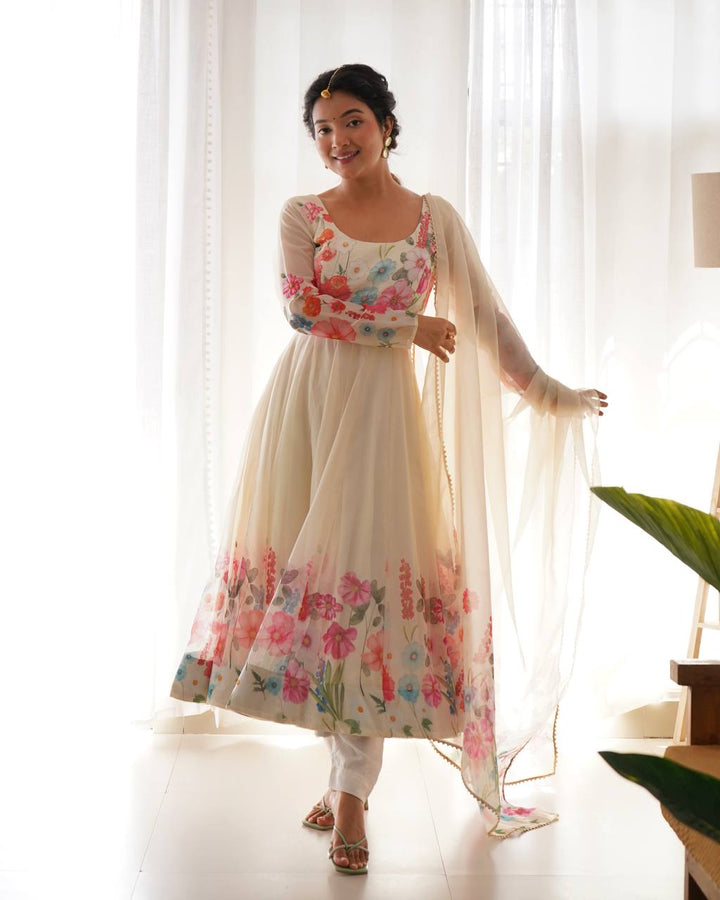 REAL MODELING PURE SOFT ORGANJA SILK FABRIC FULLY FLAIR KALI PATTERN AND CANVAS PATTA WITH DUPATTA SET, PENT READY TO WEAR
