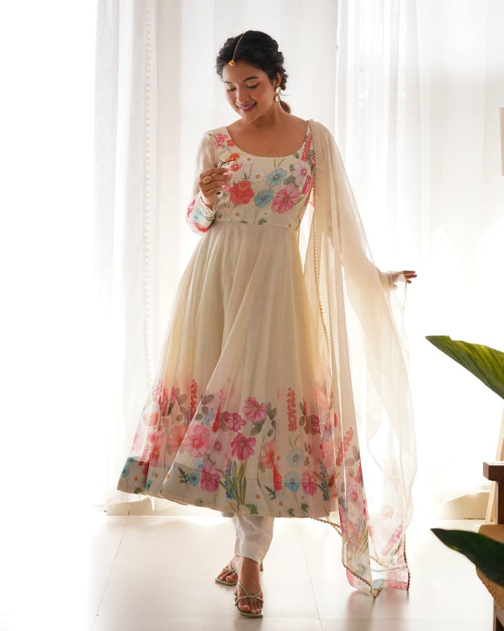 REAL MODELING PURE SOFT ORGANJA SILK FABRIC FULLY FLAIR KALI PATTERN AND CANVAS PATTA WITH DUPATTA SET, PENT READY TO WEAR