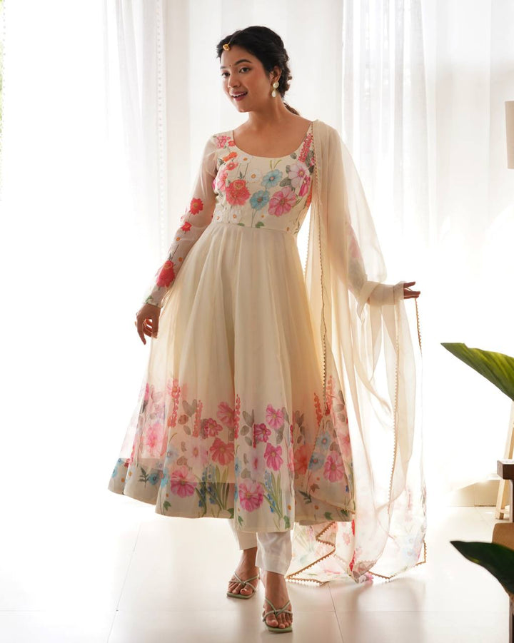 REAL MODELING PURE SOFT ORGANJA SILK FABRIC FULLY FLAIR KALI PATTERN AND CANVAS PATTA WITH DUPATTA SET, PENT READY TO WEAR