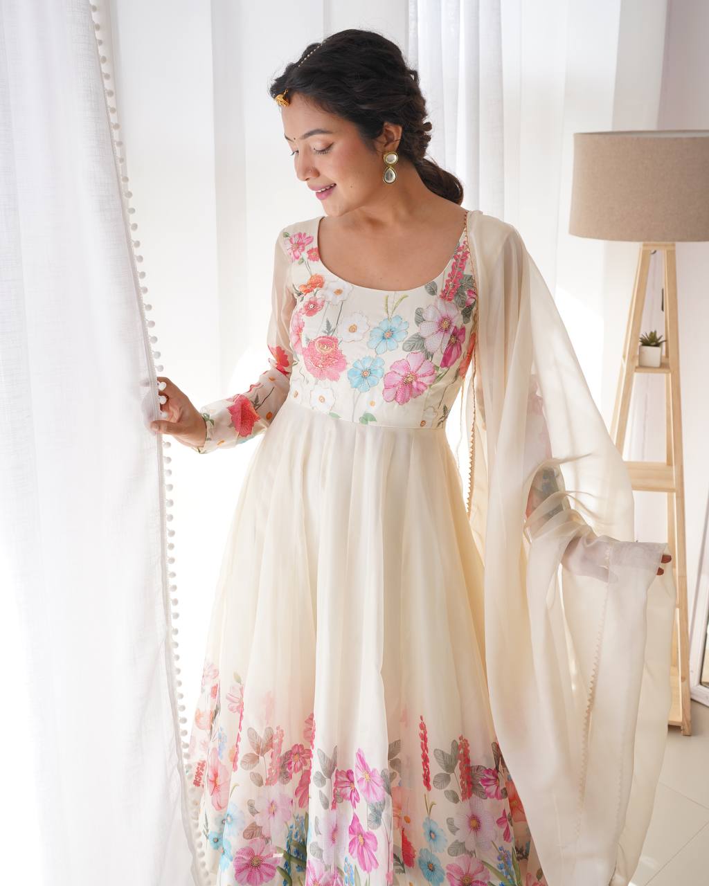 REAL MODELING PURE SOFT ORGANJA SILK FABRIC FULLY FLAIR KALI PATTERN AND CANVAS PATTA WITH DUPATTA SET, PENT READY TO WEAR