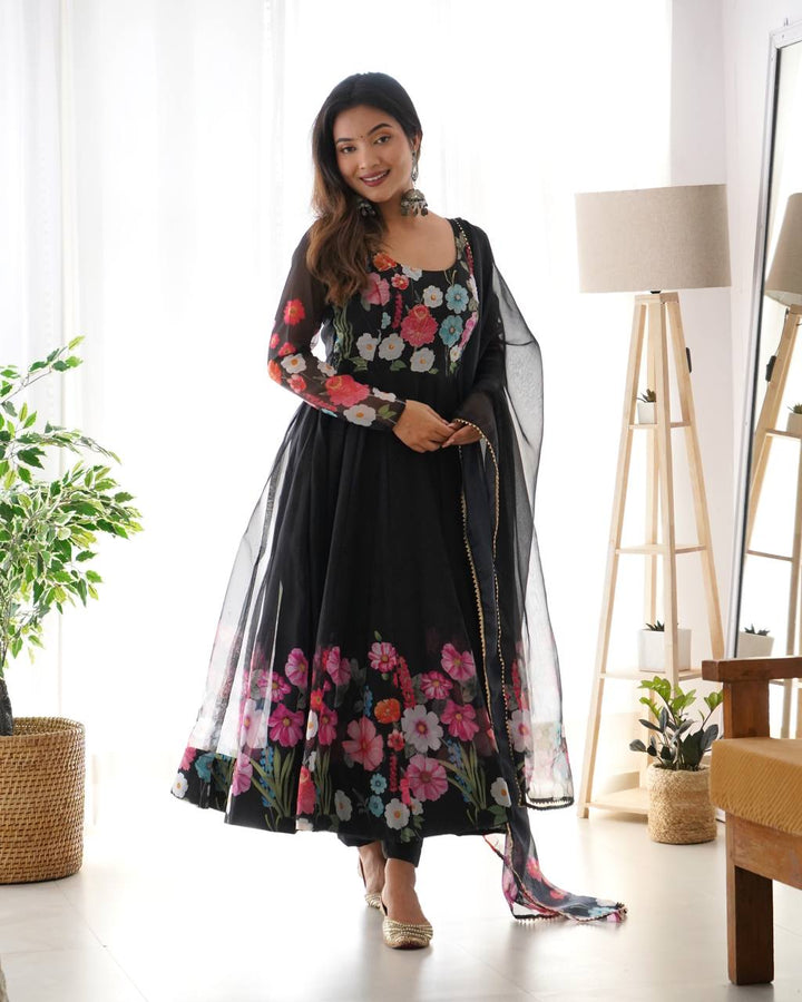 REAL MODELING PURE SOFT ORGANJA SILK FABRIC FULLY FLAIR KALI PATTERN AND CANVAS PATTA WITH DUPATTA SET, PENT READY TO WEAR