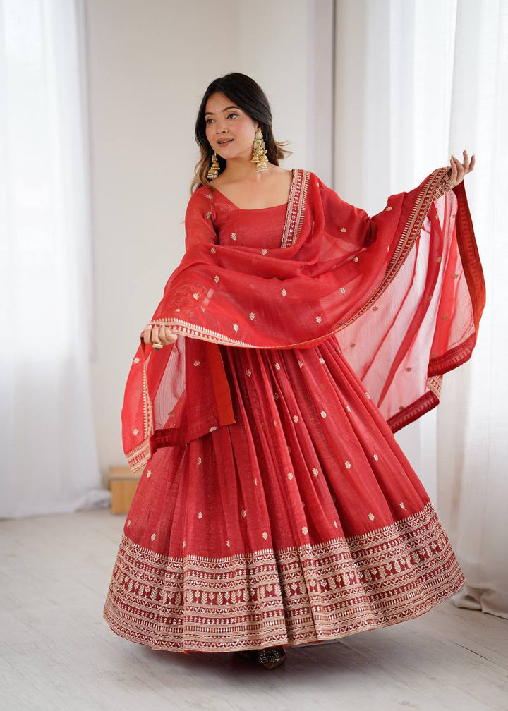 PRESENTING NEW HIGH PREMIUM QUALITY PURE CRUNCHY SILK FABRIC FULLY FLAIR  GOWN, WITH DUPATTA SET