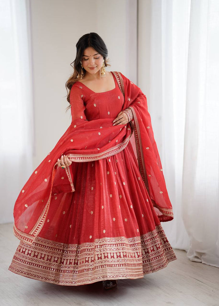 PRESENTING NEW HIGH PREMIUM QUALITY PURE CRUNCHY SILK FABRIC FULLY FLAIR  GOWN, WITH DUPATTA SET