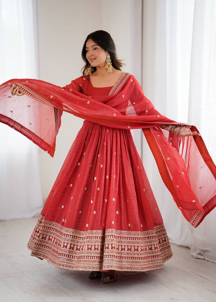 PRESENTING NEW HIGH PREMIUM QUALITY PURE CRUNCHY SILK FABRIC FULLY FLAIR  GOWN, WITH DUPATTA SET
