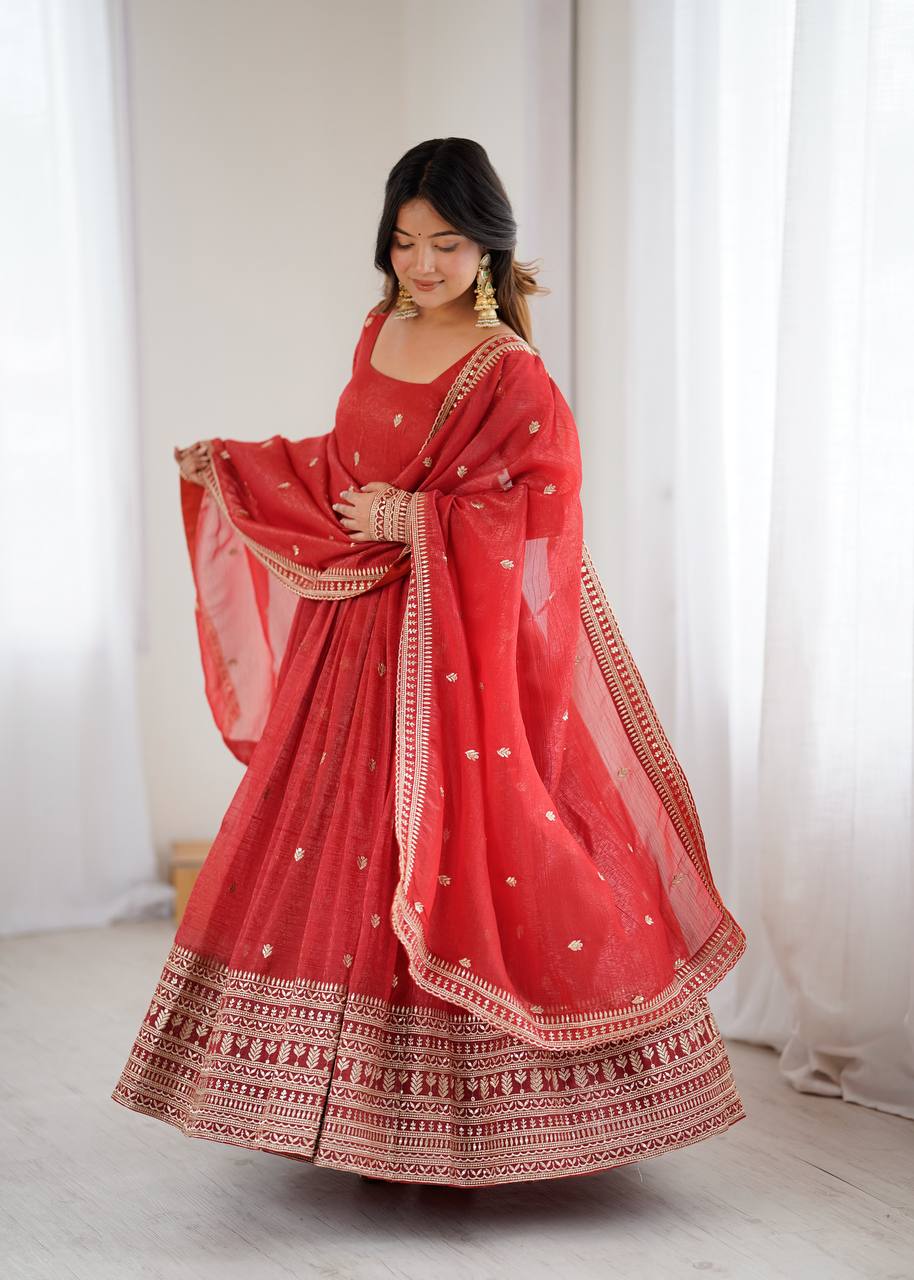PRESENTING NEW HIGH PREMIUM QUALITY PURE CRUNCHY SILK FABRIC FULLY FLAIR  GOWN, WITH DUPATTA SET