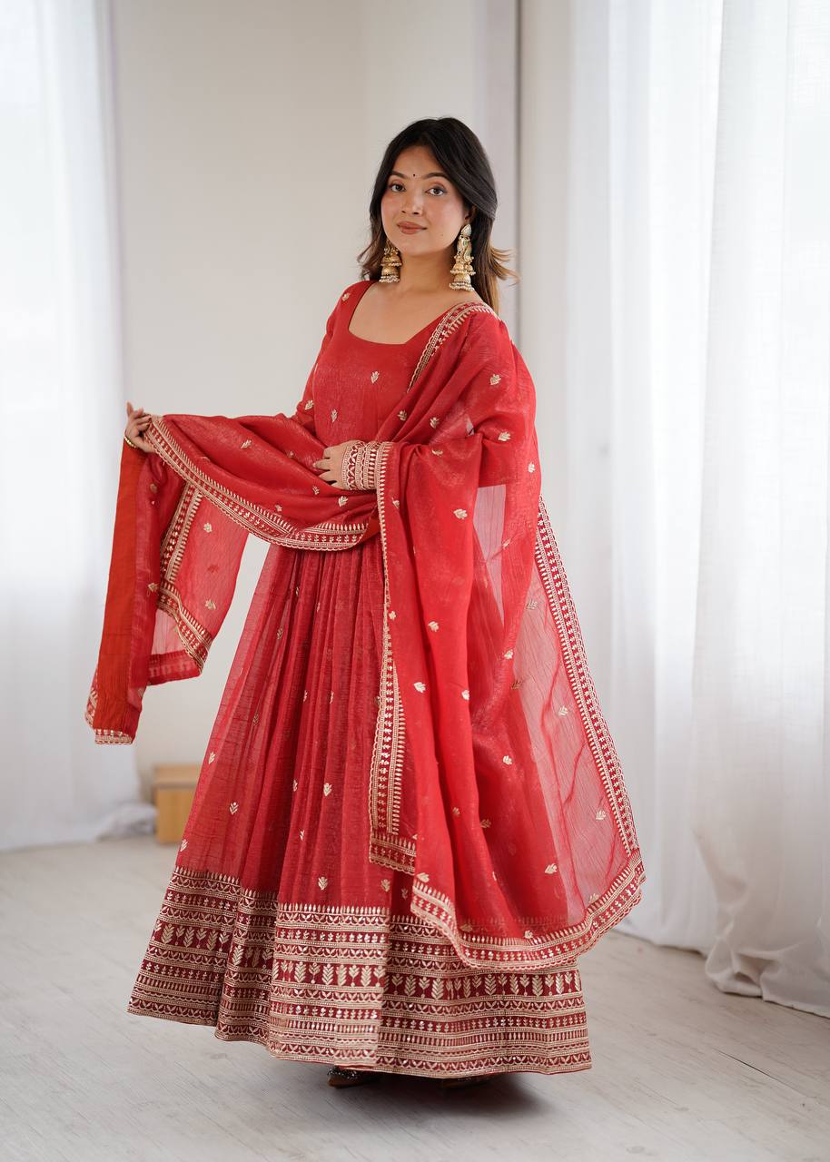PRESENTING NEW HIGH PREMIUM QUALITY PURE CRUNCHY SILK FABRIC FULLY FLAIR  GOWN, WITH DUPATTA SET