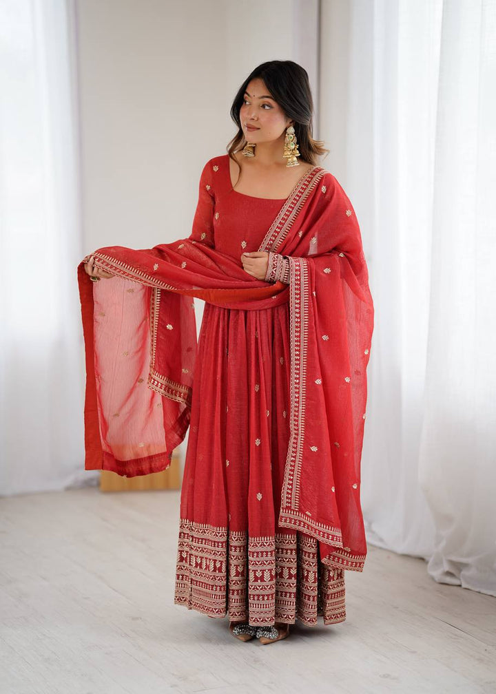 PRESENTING NEW HIGH PREMIUM QUALITY PURE CRUNCHY SILK FABRIC FULLY FLAIR  GOWN, WITH DUPATTA SET