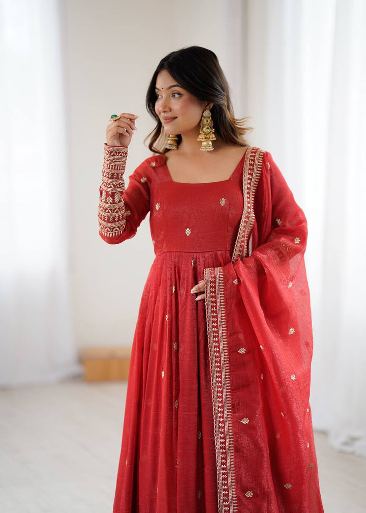 PRESENTING NEW HIGH PREMIUM QUALITY PURE CRUNCHY SILK FABRIC FULLY FLAIR  GOWN, WITH DUPATTA SET