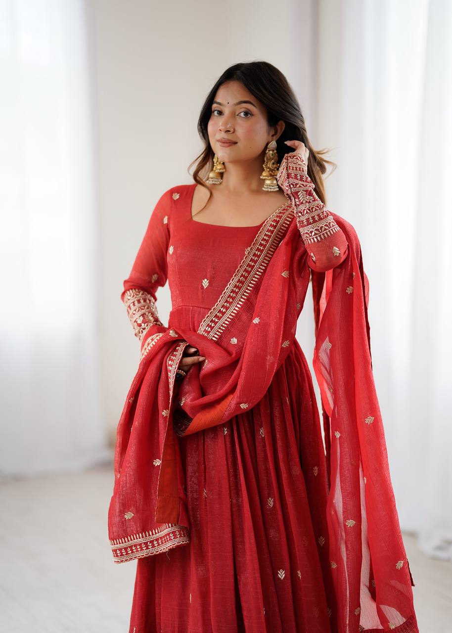 PRESENTING NEW HIGH PREMIUM QUALITY PURE CRUNCHY SILK FABRIC FULLY FLAIR  GOWN, WITH DUPATTA SET