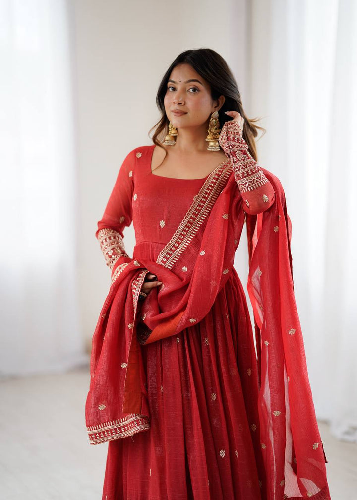 PRESENTING NEW HIGH PREMIUM QUALITY PURE CRUNCHY SILK FABRIC FULLY FLAIR  GOWN, WITH DUPATTA SET