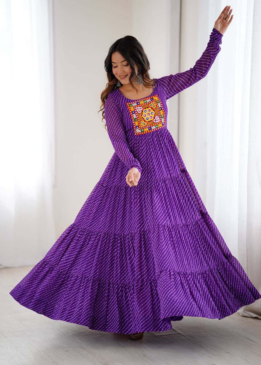 PURE SOFT FOX GEORGETTE LAHERIYA PRINT FABRIC FULLY FLAIR ANARKALI FULLY STTICHED GOWN READY TO WEAR