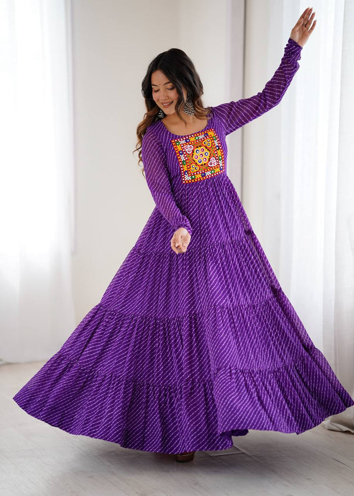 PURE SOFT FOX GEORGETTE LAHERIYA PRINT FABRIC FULLY FLAIR ANARKALI FULLY STTICHED GOWN READY TO WEAR