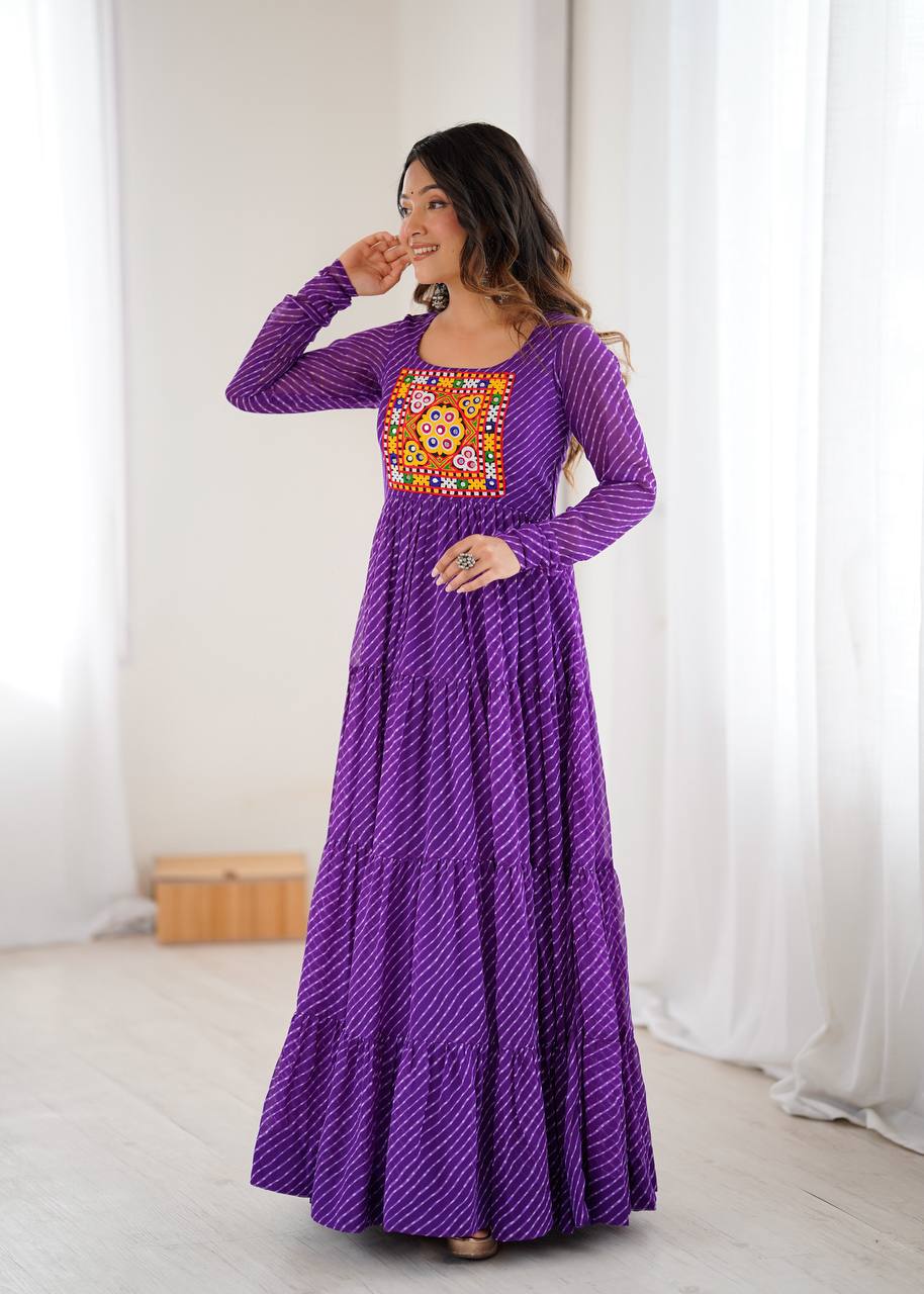 PURE SOFT FOX GEORGETTE LAHERIYA PRINT FABRIC FULLY FLAIR ANARKALI FULLY STTICHED GOWN READY TO WEAR