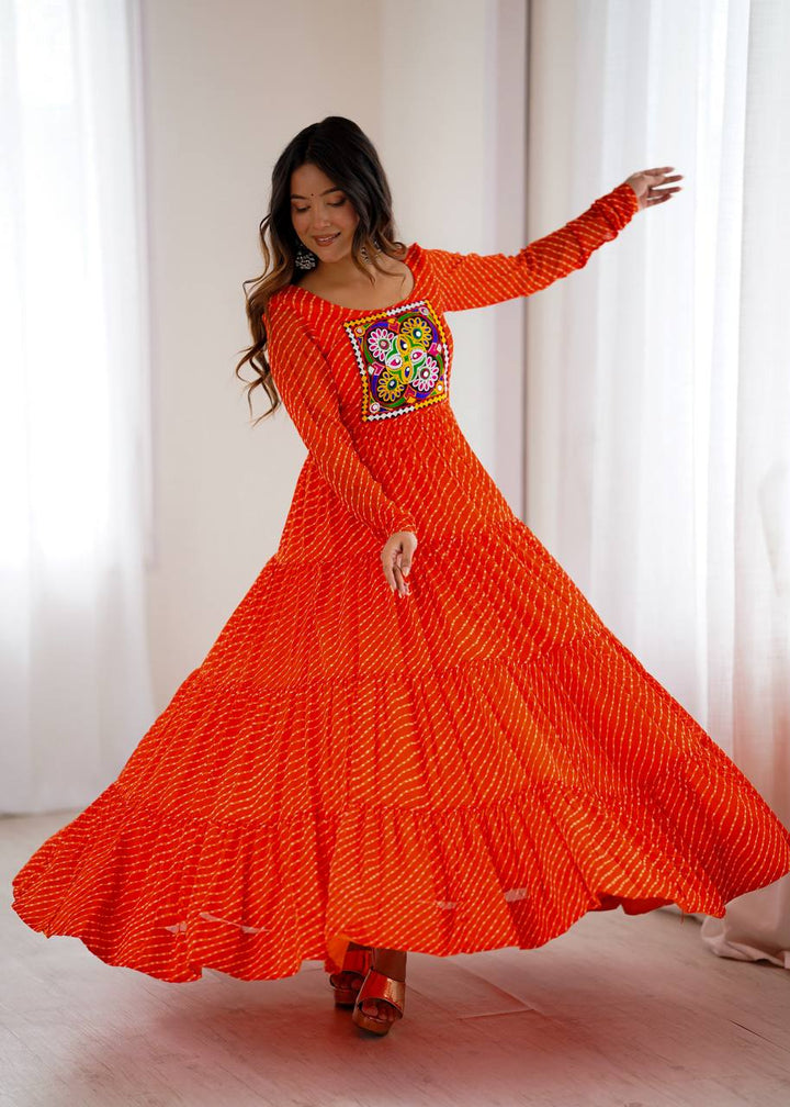 PURE SOFT FOX GEORGETTE LAHERIYA PRINT FABRIC FULLY FLAIR ANARKALI FULLY STTICHED GOWN READY TO WEAR
