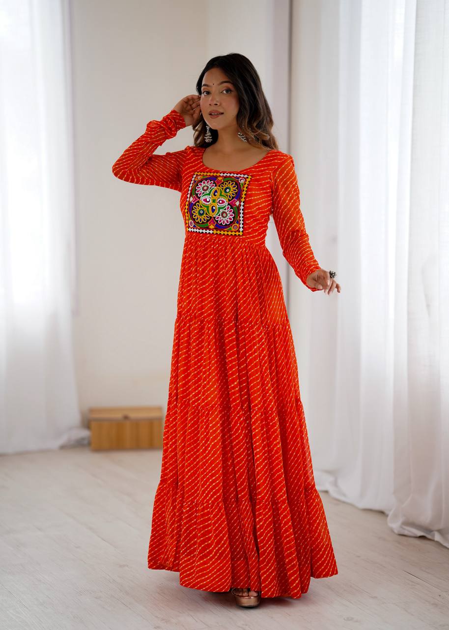 PURE SOFT FOX GEORGETTE LAHERIYA PRINT FABRIC FULLY FLAIR ANARKALI FULLY STTICHED GOWN READY TO WEAR