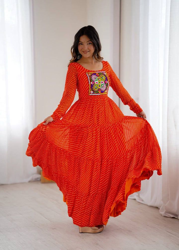 PURE SOFT FOX GEORGETTE LAHERIYA PRINT FABRIC FULLY FLAIR ANARKALI FULLY STTICHED GOWN READY TO WEAR