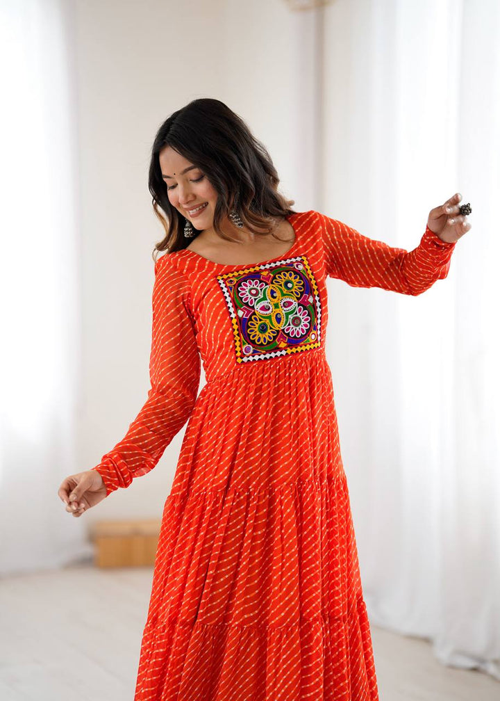 PURE SOFT FOX GEORGETTE LAHERIYA PRINT FABRIC FULLY FLAIR ANARKALI FULLY STTICHED GOWN READY TO WEAR