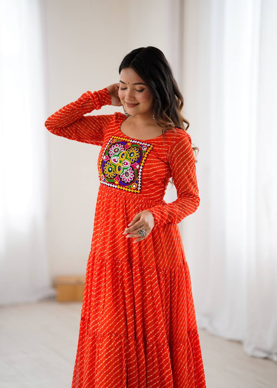 PURE SOFT FOX GEORGETTE LAHERIYA PRINT FABRIC FULLY FLAIR ANARKALI FULLY STTICHED GOWN READY TO WEAR