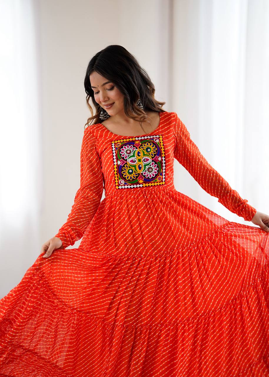 PURE SOFT FOX GEORGETTE LAHERIYA PRINT FABRIC FULLY FLAIR ANARKALI FULLY STTICHED GOWN READY TO WEAR