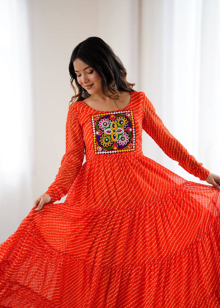 PURE SOFT FOX GEORGETTE LAHERIYA PRINT FABRIC FULLY FLAIR ANARKALI FULLY STTICHED GOWN READY TO WEAR