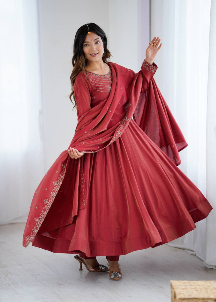PRESENTING NEW HIGH PREMIUM QUALITY PURE ROMANSHIMMER CHANDERI SILK FABRIC FULLY FLAIR ANARKALI, WITH DUPATTA SET, PENT READY TO WEAR