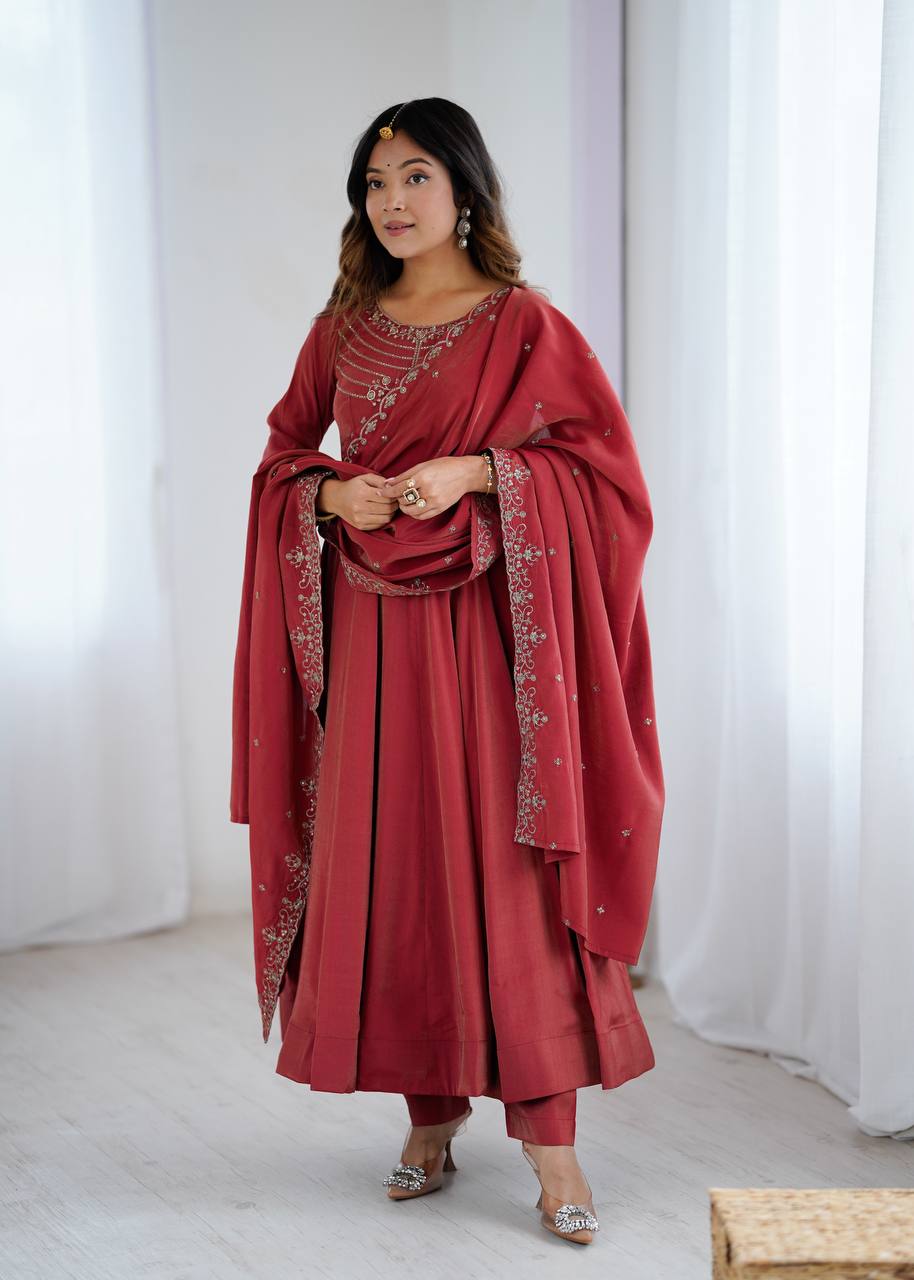 PRESENTING NEW HIGH PREMIUM QUALITY PURE ROMANSHIMMER CHANDERI SILK FABRIC FULLY FLAIR ANARKALI, WITH DUPATTA SET, PENT READY TO WEAR