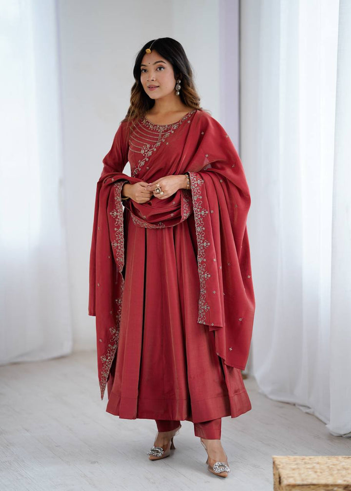 PRESENTING NEW HIGH PREMIUM QUALITY PURE ROMANSHIMMER CHANDERI SILK FABRIC FULLY FLAIR ANARKALI, WITH DUPATTA SET, PENT READY TO WEAR